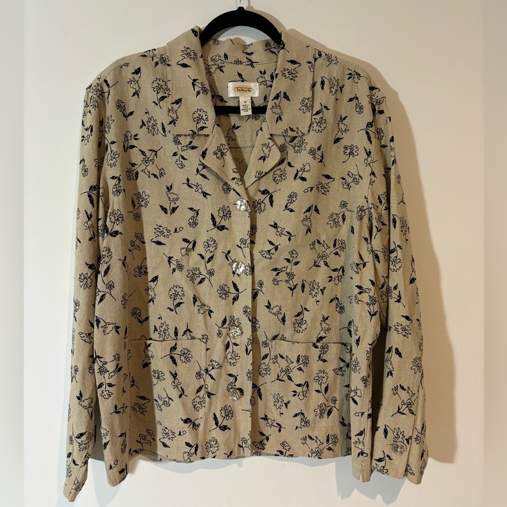 Talbots Medium Floral Button Button Down Blazer Jacket Tan Black Business Casual